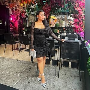 Beautiful Long Sleeve Embellished Cowl Neck Mini Dress in Black